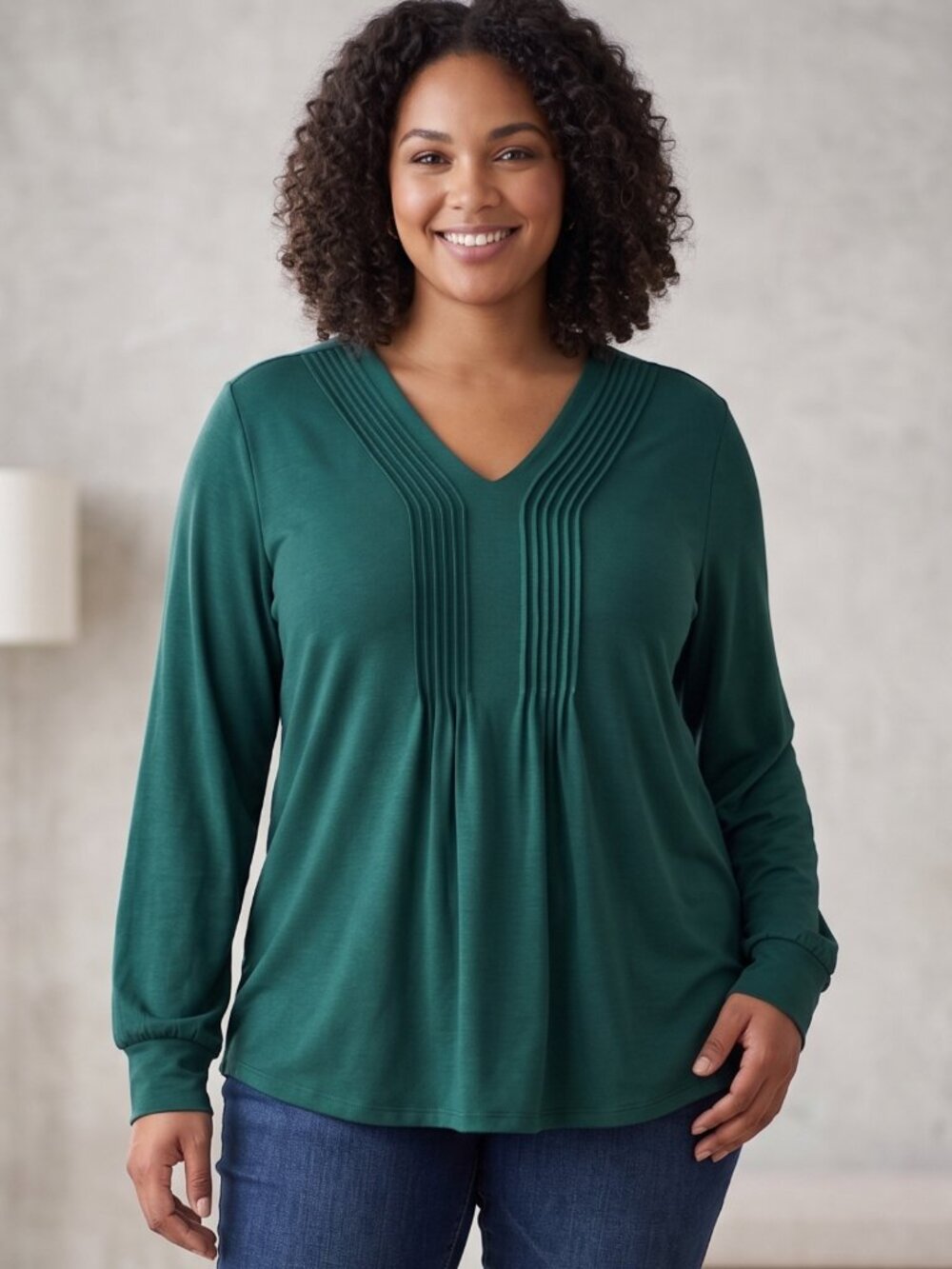 NWT Dark Green Pleated Pintuck V-Neck Long Sleeve Tunic Blouse Top Size 2XL